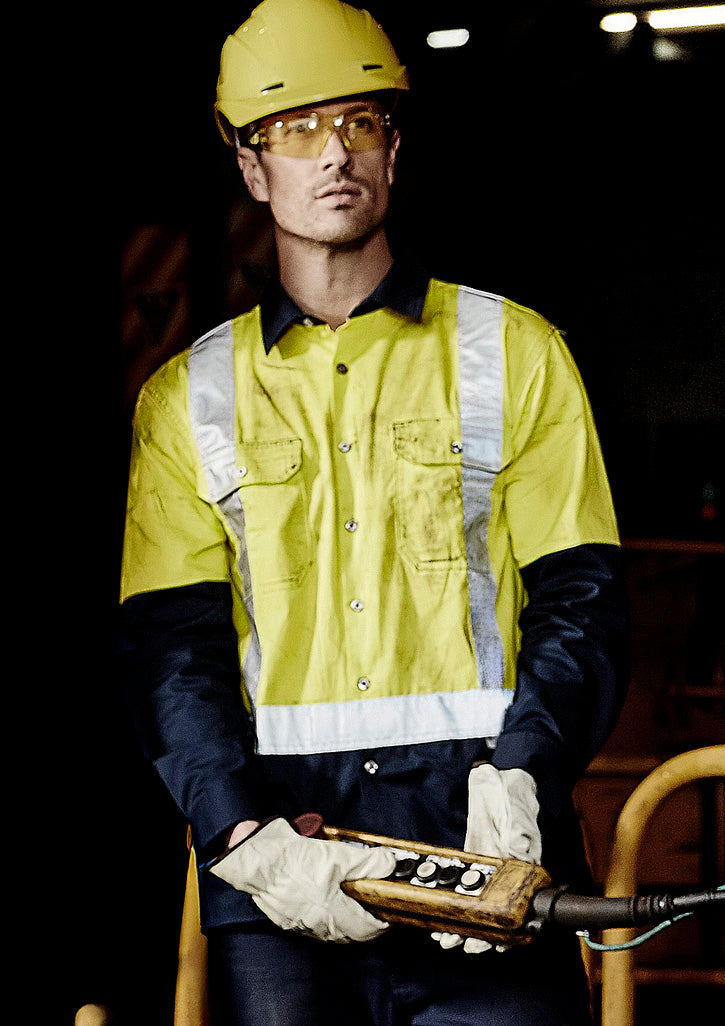 Mens Industrial Long Sleeve Shirt - Shoulder Taped - Yellow/Navy