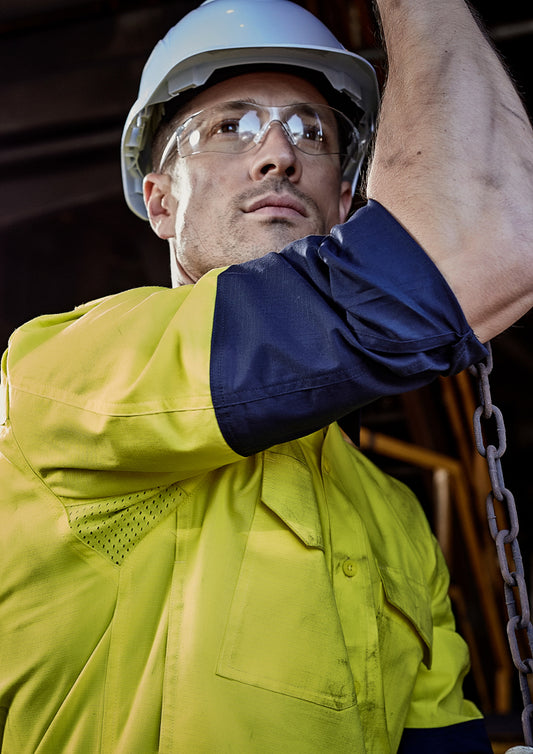 Mens Rugged Cooling Hi Vis Long Sleeve Shirt - Yellow/Navy