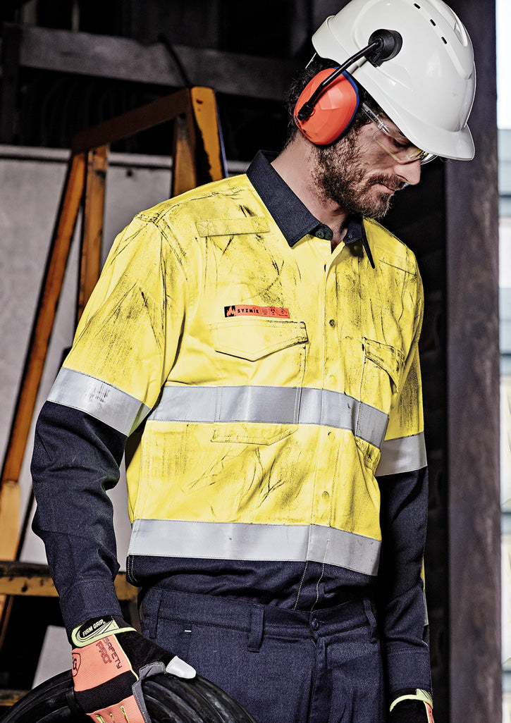 Mens Orange Flame Hi Vis Open Front Spliced Shirt - Hoop Taped