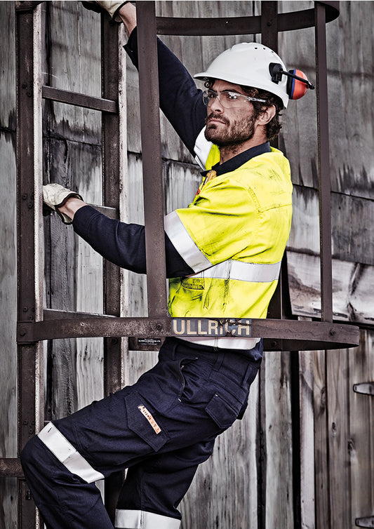 Mens Orange Flame Hi Vis Closed Front Shirt - Hoop Taped - Yellow/Navy