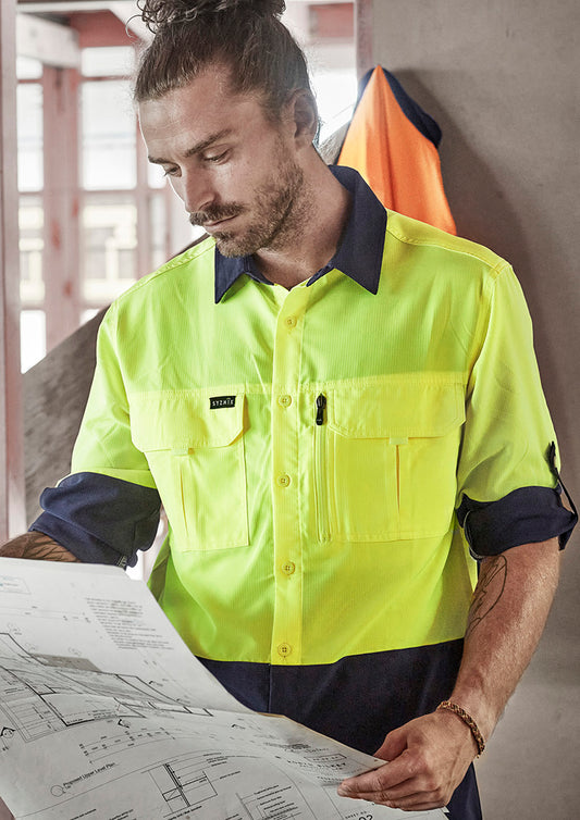 Mens Hi Vis Outdoor Long Sleeve Shirt - Yellow/Navy