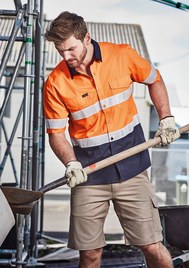 Mens Rugged Cooling Hi Vis Taped Short Sleeve Shirt - Orange/Navy