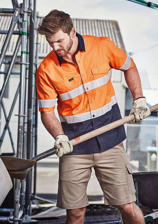 Mens Rugged Cooling Hi Vis Taped Short Sleeve Shirt - Orange/Navy