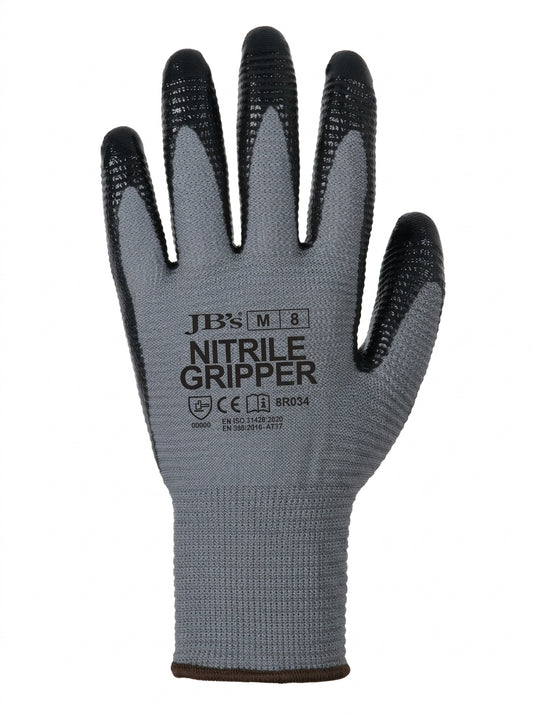 JB's NITRILE GRIPPER GLOVE (12PK) GREY/BLACK-M