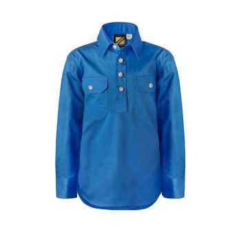 Workcraft Kids Lightweight Long Sleeve Half Placket Cotton Drill Shirt with Contrast Buttons